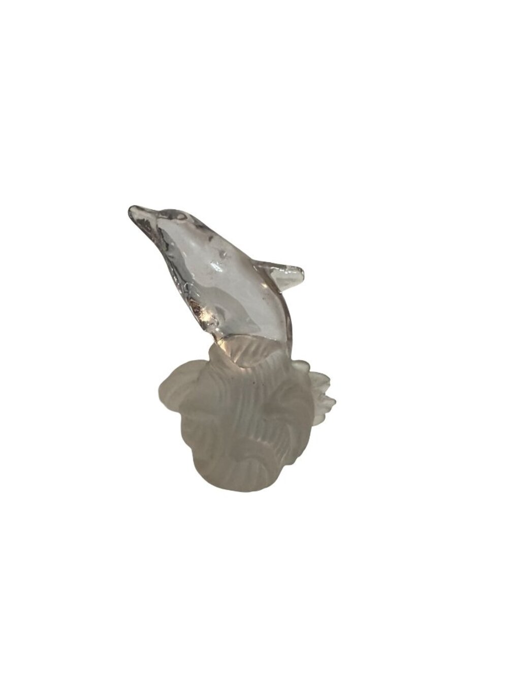 Vintage Frosted Glass Dolphin Figurine on Wave Base Made in Taiwan 4" Coastal Dé